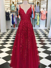 A Line Lace Burgundy Prom Dresses 2024 V Neck Sleeveless
