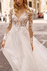 A-line illusion V-neck lace long sleeved Bohemian style slit wedding dress Beautiful