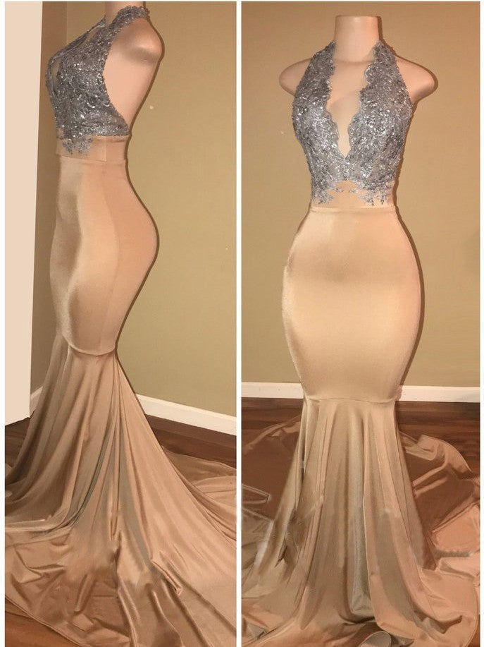 Sleeveless Mermaid Lace halter prom dresses