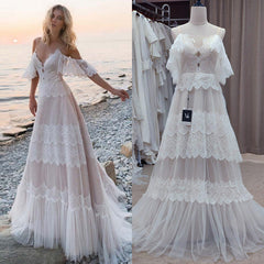 Bohemian Beach Champagne Wedding Dresses Boho Spaghetti Straps Backless