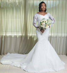 Hot Long Sleeves Lace White Wedding Dresses V Neck Mermaid Bridal Gown