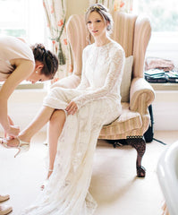 Long Sleeves Boho Beach Wedding Dresses Jewel Lace Bridal Wears