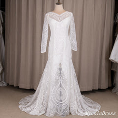 Long Sleeves Lace Boho Wedding Dresses Cheap Mermaid Bridal Gown