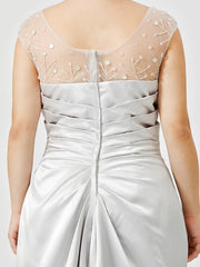 Sheath / Column Mother of the Bride Dress Classic & Timeless Elegant & Luxurious Plus Size Jewel Neck Floor Length Satin Sleeveless No with Pleats
