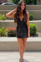 Light Blue Sequin Bodycon Mini Party Dress with Appliques