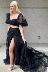 Two-Piece Tulle A-Line Long Prom Dress with Puff Sleeves
