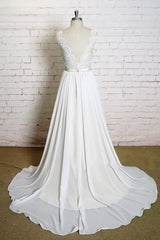 Nieuwste lange A-Line V-hals kanten Chiffon trouwjurk