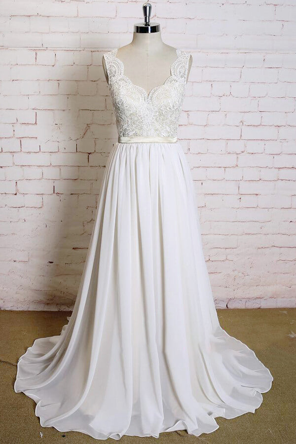Nieuwste lange A-Line V-hals kanten Chiffon trouwjurk