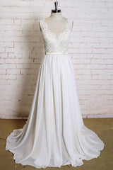 Nieuwste lange A-Line V-hals kanten Chiffon trouwjurk