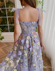 Lavender 3D Floral Lace Prom Dresses with Pockets Bow Strap Maxi Dress TO005