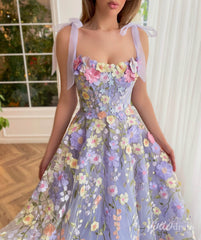 Lavender 3D Floral Lace Prom Dresses with Pockets Bow Strap Maxi Dress TO005