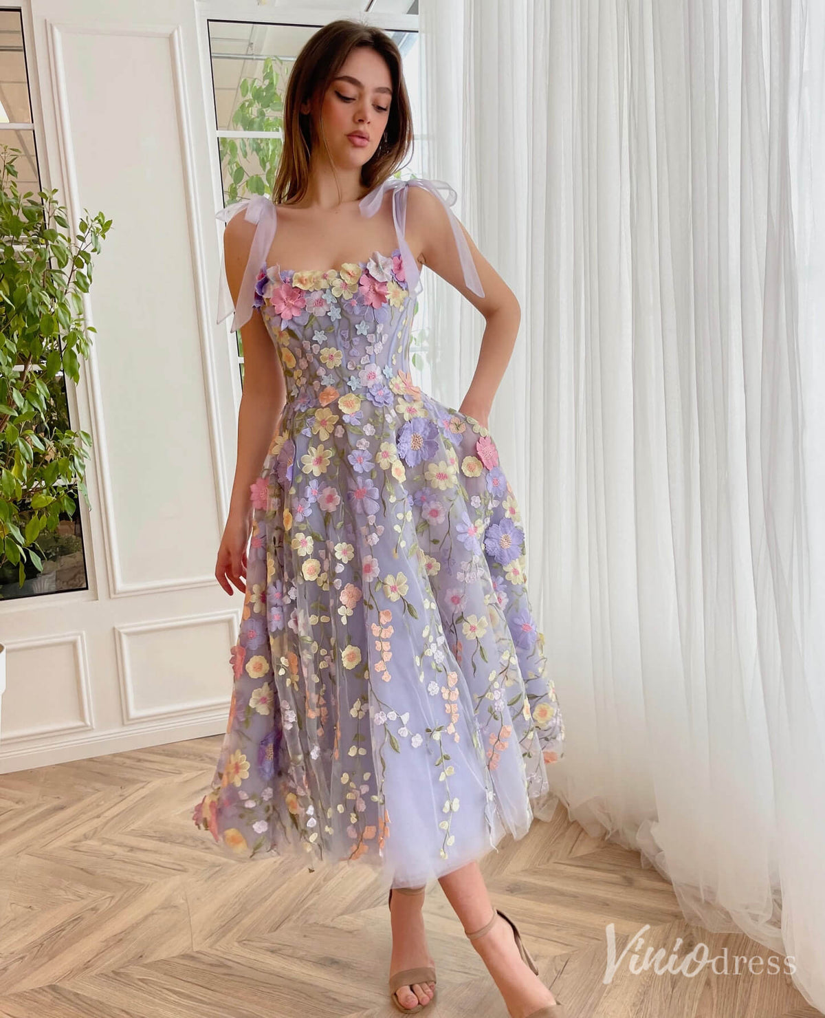 Lavender 3D Floral Lace Prom Dresses with Pockets Bow Strap Maxi Dress TO005