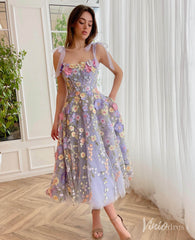 Lavender 3D Floral Lace Prom Dresses with Pockets Bow Strap Maxi Dress TO005