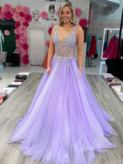 Lavender Beaded Prom Dresses 2024 V-Neck Formal Gown FD3319