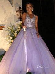 Lavender Beaded Prom Dresses 2024 V-Neck Formal Gown FD3319