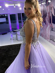 Lavender Beaded Prom Dresses 2024 V-Neck Formal Gown FD3319