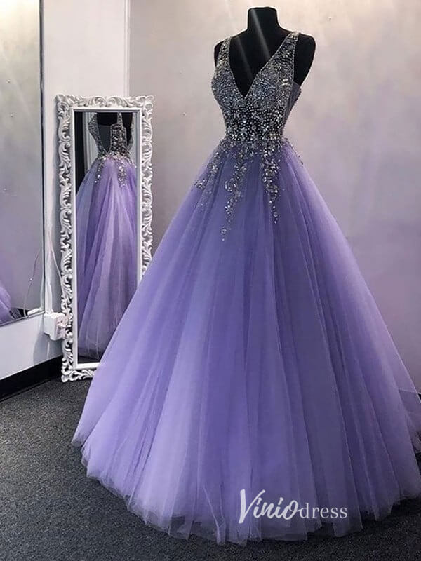 Lavender Beaded Prom Dresses 2024 V-Neck Formal Gown FD3319