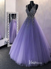 Lavender Beaded Prom Dresses 2024 V-Neck Formal Gown FD3319