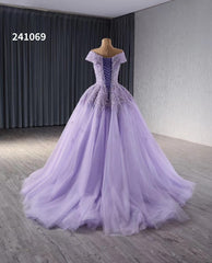 Lavender Beaded Sequin Wedding Gowns Off the Shoulder Quince Dress 241069
