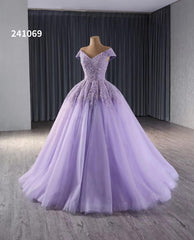 Lavender Beaded Sequin Wedding Gowns Off the Shoulder Quince Dress 241069