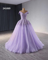 Lavender Beaded Sequin Wedding Gowns Off the Shoulder Quince Dress 241069