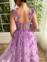 Lavender Butterfly Prom Dresses with Pockets Sheer Boned Bodice Maxi Dress TO021