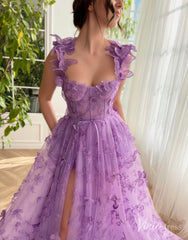 Lavender Butterfly Prom Dresses with Pockets Sheer Formal Gown with Slit TO020