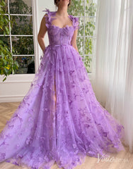 Lavender Butterfly Prom Dresses with Pockets Sheer Formal Gown with Slit TO020