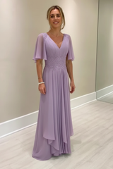 Elegant Half Sleeves V-neck Aline Wedding Guest Dress Chiffon Mother of the Bride Dress