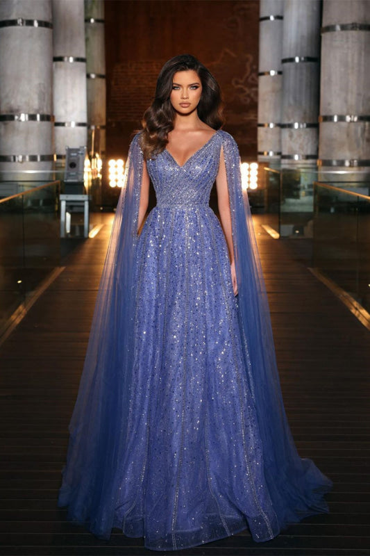 Lavender Evening Dress Aline Prom Dress V Neck with Wide Straps Sequins