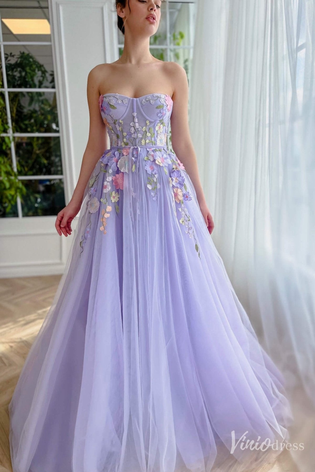 Lavender Floral Lace Prom Dresses Strapless Formal Dress TO010