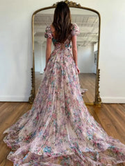 Lavender Floral Tulle Ruffled Prom Dresses 2025 Short Sleeve Square Neck Formal Gown - FD5306