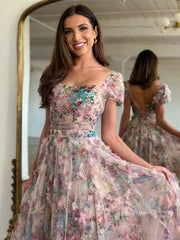 Lavender Floral Tulle Ruffled Prom Dresses 2025 Short Sleeve Square Neck Formal Gown - FD5306