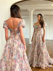 Lavender Floral Tulle Ruffled Prom Dresses 2025 Short Sleeve Square Neck Formal Gown - FD5306