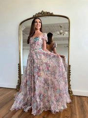 Lavender Floral Tulle Ruffled Prom Dresses 2025 Short Sleeve Square Neck Formal Gown - FD5306