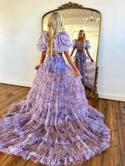 Lavender Floral Tulle Two Piece Prom Dresses 2025 Puffed Sleeve Formal Gown with Slit - FD5305
