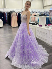 Lavender Lace Appliqued Prom Dresses Spaghetti Strap Formal Gown FD3323