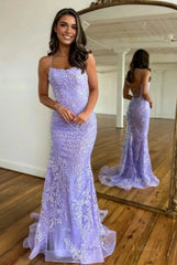 Lavender Lace Mermaid Prom Dresses 2025 with Spaghetti Strap & Lace Up Back – FD5082