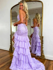 Lavender Lace Sheath Prom Dress with Spaghetti Straps, Tiered Bottom & V-Neck - FD5078B