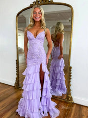 Lavender Lace Sheath Prom Dress with Spaghetti Straps, Tiered Bottom & V-Neck - FD5078B