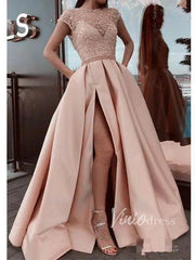 Lavender Long Prom Dresses with Pockets Cap Sleeve Satin Formal Dress FD1397