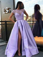 Lavender Long Prom Dresses with Pockets Cap Sleeve Satin Formal Dress FD1397