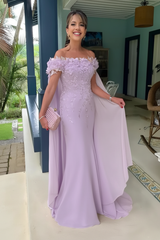 Off-The-Shoulder Mermaid Chiffon Wedding Guest Dresses Long with Appliques
