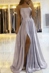 Simple Prom Dress Long With Spaghetti Straps Front Slit Satin Evening Dress