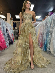 Lavender Ruffle Prom Dresses Skirt with Slit One Shoulder Formal Dresses FD3637C