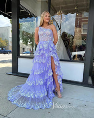 Lavender Ruffle Prom Dresses Skirt with Slit One Shoulder Formal Dresses FD3637C