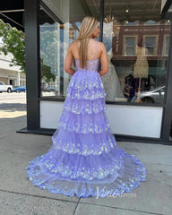 Lavender Ruffle Prom Dresses Skirt with Slit One Shoulder Formal Dresses FD3637C