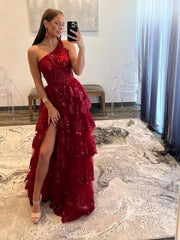 Lavender Ruffle Prom Dresses Skirt with Slit One Shoulder Formal Dresses FD3637C