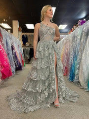 Lavender Ruffle Prom Dresses Skirt with Slit One Shoulder Formal Dresses FD3637C