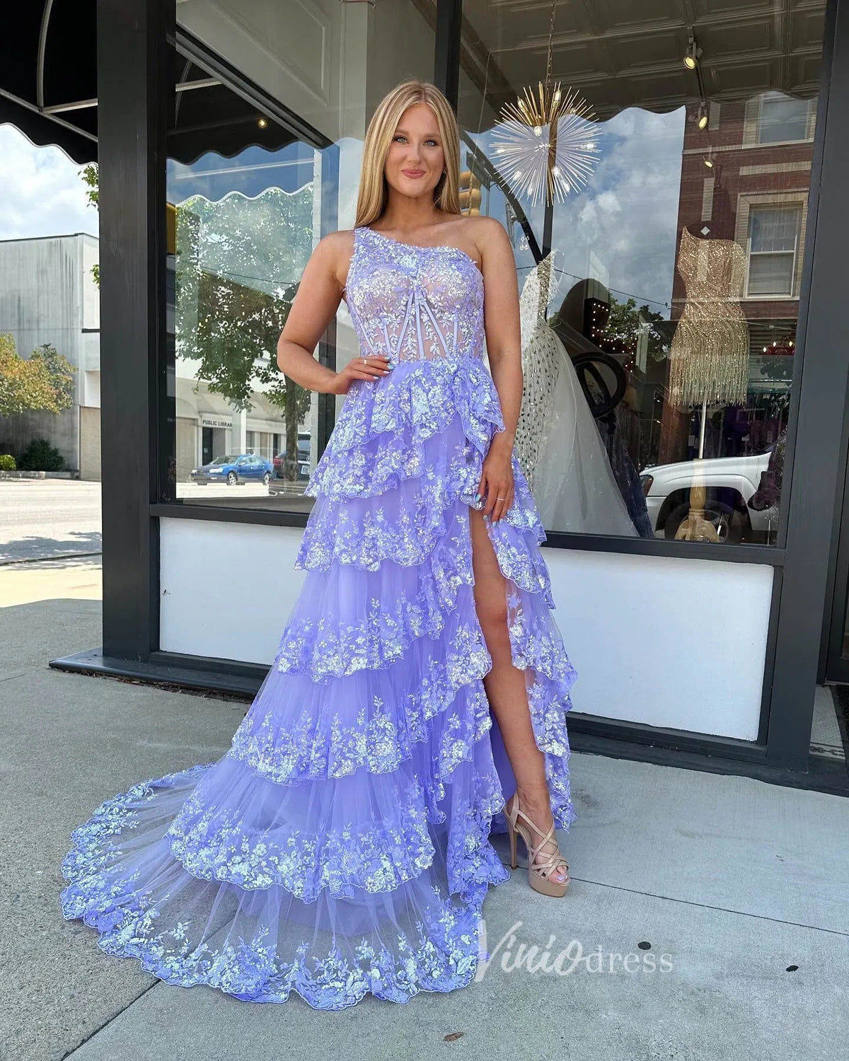 Lavender Ruffle Prom Dresses Skirt with Slit One Shoulder Formal Dresses FD3637C